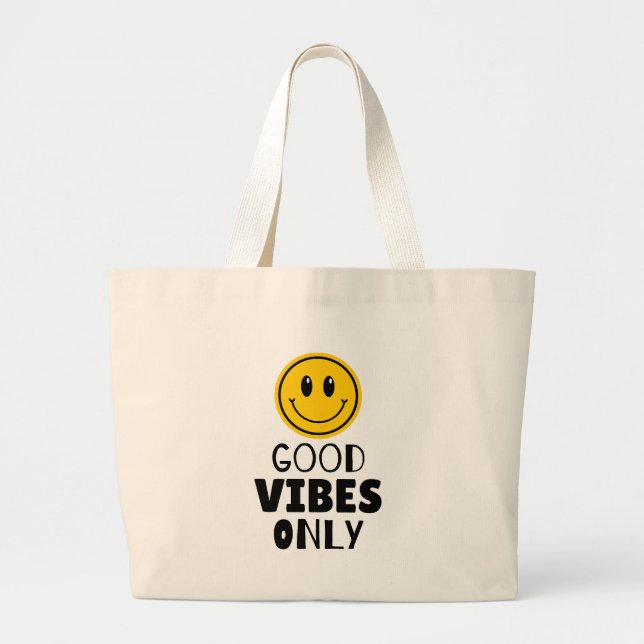 'Good Vibes Only' Retro Smiley Face  Large Tote Bag (Front)