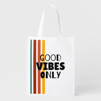 'Good Vibes Only' Retro-Striped Minimalist Grocery Bag