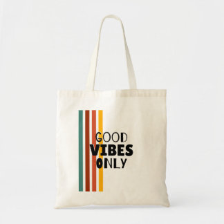 'Good Vibes Only' Retro-Striped Minimalist Tote Bag