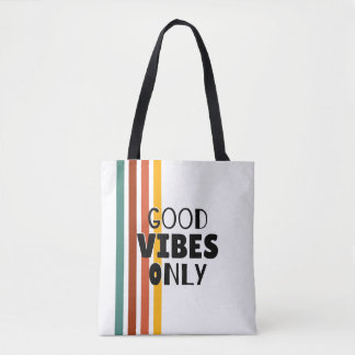 'Good Vibes Only' Retro-Striped Minimalist Tote Bag