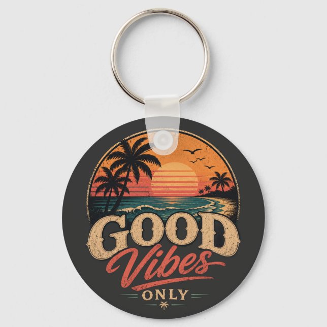 Good Vibes Only Retro Sunset Design Keychain (Front)