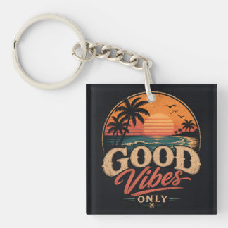 Good Vibes Only Retro Sunset Design Keychain