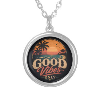 Good Vibes Only Retro Sunset Design Silver Plated Necklace
