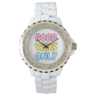 Good Vibes Only Rhinestone White Enamel Watch