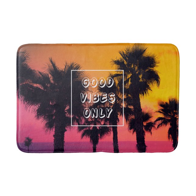 "Good Vibes Only"  Tropical Beach Palms Sunset Bathroom Mat (Front)