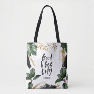 Good vibes only tropical leaf and typography tote bag