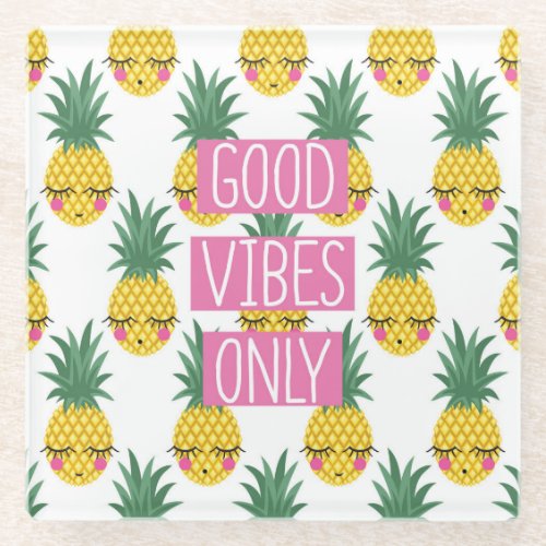 Good Vibes Pineapples Summer Pattern Glass Coaster