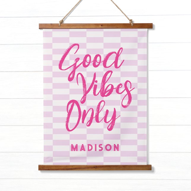 Good Vibes Pink Script + Pattern w/ Name Teen Room Hanging Tapestry (Creator Uploaded)