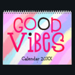 Good Vibes Positive Quotes Rainbow 2022 Calendar<br><div class="desc">Good vibes calendar with a positive feel good message for every month of the year in large funky typography. The front and back covers have a diagonal pattern of bright rainbow colors including lilac, yellow, white and coral with hot pink lettering with a touch of black, and inside hot pink...</div>