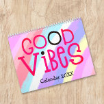 Good Vibes Positive Quotes Rainbow Calendar<br><div class="desc">Good vibes calendar with a positive feel good message for every month of the year in large funky typography. The front and back covers have a diagonal pattern of bright rainbow colors including lilac, yellow, white and coral with hot pink lettering with a touch of black, and inside hot pink...</div>