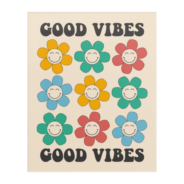 Good Vibes Retro Colorful Daisy Flowers Acrylic Print (Front)