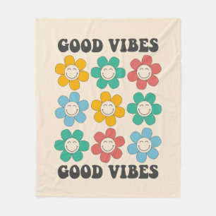 Good Vibes Retro Colorful Daisy Flowers Fleece Blanket