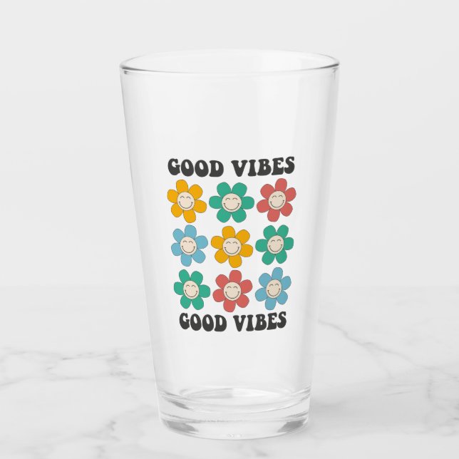 Good Vibes Retro Colorful Daisy Flowers Glass (Front)