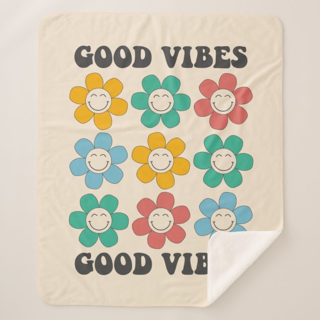 Good Vibes Retro Colorful Daisy Flowers Sherpa Blanket (Front)