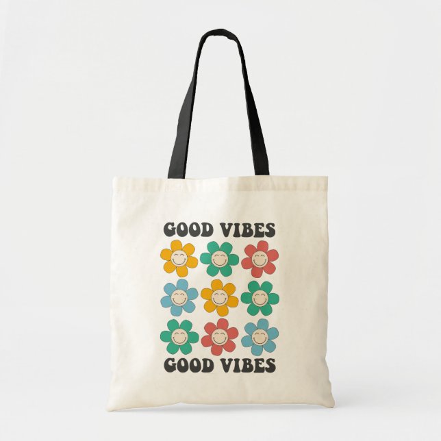 Good Vibes Retro Colorful Daisy Flowers Tote Bag (Front)