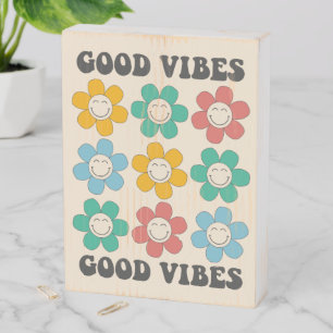 Good Vibes Retro Colorful Daisy Flowers Wooden Box Sign