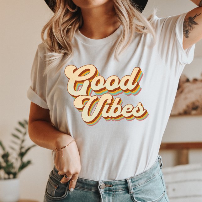Good Vibes Retro Design Tshirt (Retro, Groovy, Vibrant colors, Funky designs, Positivity, Nostalgia, Good vibes, Beachwear, Friends,)