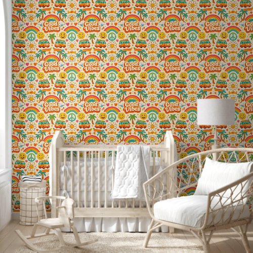 Good vibes, retro hippie rainbow and smiley wallpa wallpaper