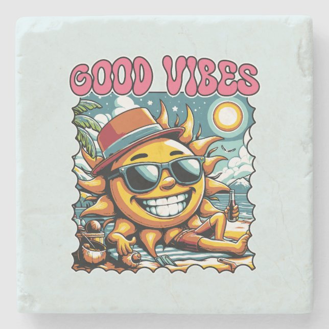 Good Vibes - Sunshine - Retro Summer Stone Coaster (Front)