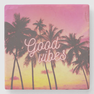 Good Vibes Tropical Pink Sunset Beach Palm Tree Stone Coaster