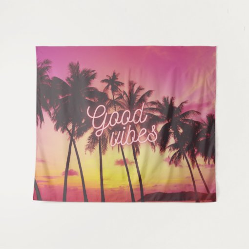 Good Vibes Tropical Pink Sunset Beach Palm Tree Tapestry | Zazzle