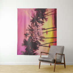 Good Vibes Tropical Pink Sunset Beach Palm Tree Tapestry | Zazzle