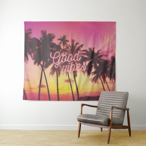 Good Vibes Tropical Pink Sunset Beach Palm Tree Tapestry