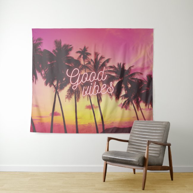 Good Vibes Tropical Pink Sunset Beach Palm Tree Tapestry