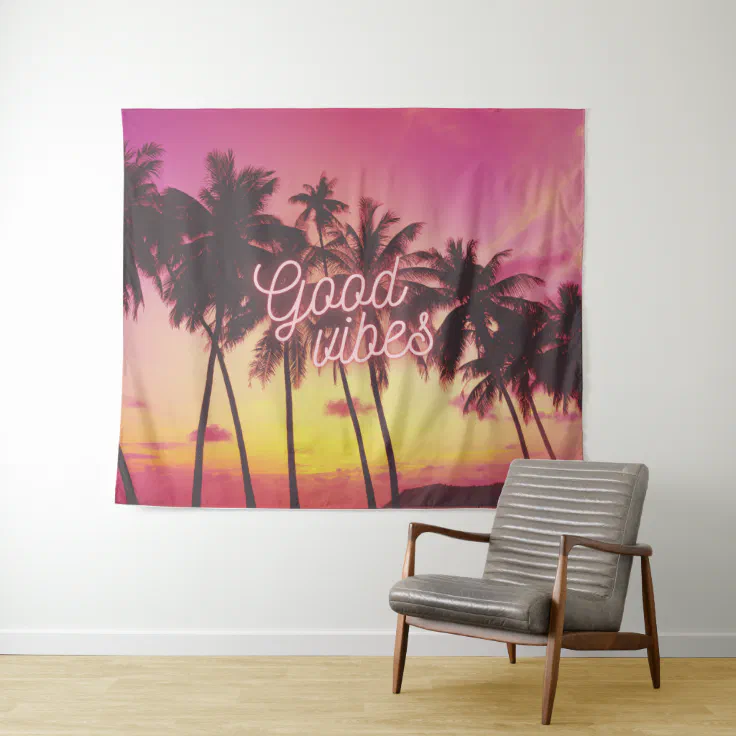 Good Vibes Tropical Pink Sunset Beach Palm Tree Tapestry | Zazzle