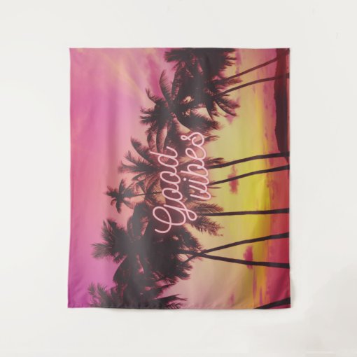 Good Vibes Tropical Pink Sunset Beach Palm Tree Tapestry | Zazzle