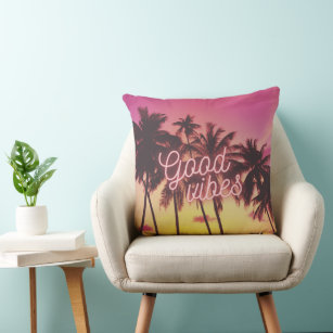 Good Vibes Tropical Pink Sunset Beach Palm Tree Throw Pillow