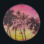 Good Vibes Tropical Pink Sunset Palm Tree Beach Dart Board<br><div class="desc">Bring the beach into your game room with this "Good Vibes" pink and yellow sunset palm tree beach design dartboard.</div>