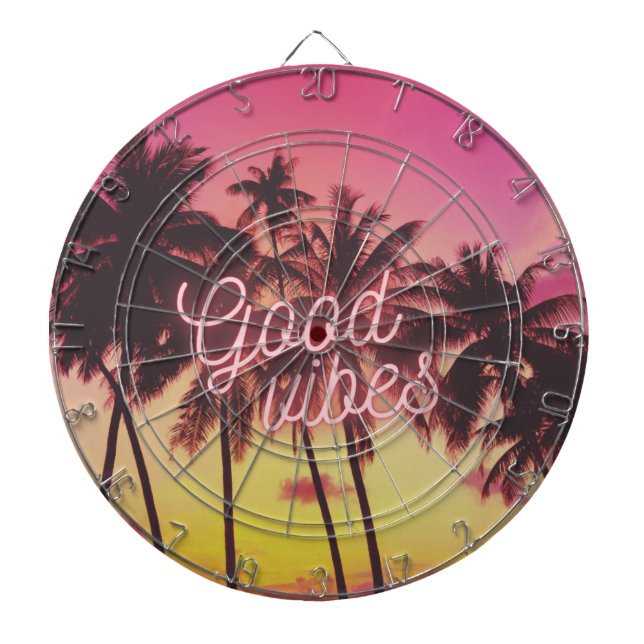 Good Vibes Tropical Pink Sunset Palm Tree Beach Dart Board (Front)