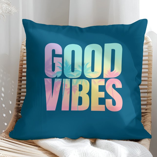 "Good Vibes" Vibrant Tropical Quote  Throw Pillow ("Good Vibes" Vibrant Tropical Quote Throw Pillow on a sunny boho rattan chair.)