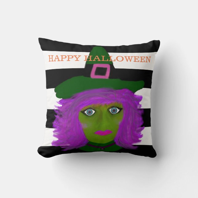 Good Witch Black White Stripes Halloween Decor Throw Pillow (Front)