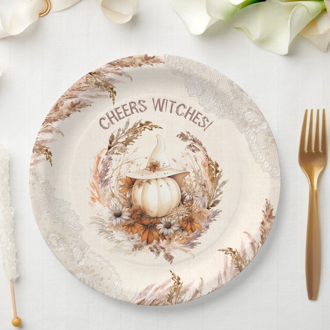 Good Witch Halloween Bridal Shower Party  Paper Plates (Good Witch Pumpkin in Boho style Paper Plates)