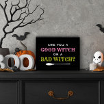 Good Witch or a Bad Witch Black Halloween Quote Wooden Box Sign<br><div class="desc">This funny personalized wooden Halloween art decor features the quote "Are you a good witch or a bad witch?" typography design in white,  pink,  and yellow green colors with witch's broomstick accent.</div>