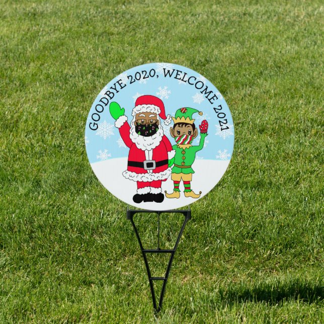 Goodbye 2020 Hello 2021 Ethnic Santa in FaceMask Sign (Insitu)