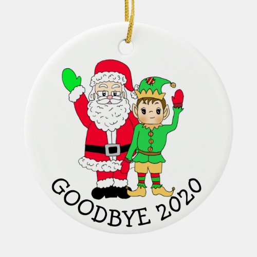 Goodbye 2020 Santa and  Elf in Facemask Ceramic Ornament