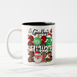 Goodbye 2022 Hello 2023 Cute Santa Claus Reindeer Two-Tone Coffee Mug