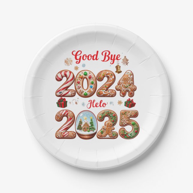 Goodbye 2024 Hello 2025 Happy New Year Design Paper Plates (Front)