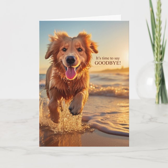 Goodbye Dog on the Beach Cute Golden Retriever Card (Front)