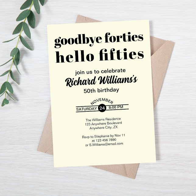 Goodbye Forties Hello Fifties Modern 50th Birthday Invitation (Creator Uploaded)