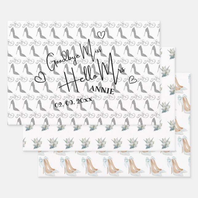 Goodbye Miss Hello Mrs Bridal Shower white Wrapping Paper Sheets (Set)