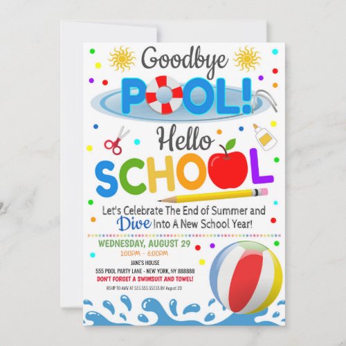 Goodbye Pool Hello School Party Invitation