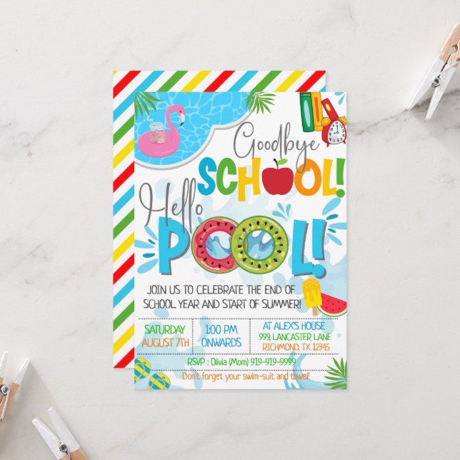 Goodbye School Hello Pool End Of School Party Invitation (Front/Back In Situ)