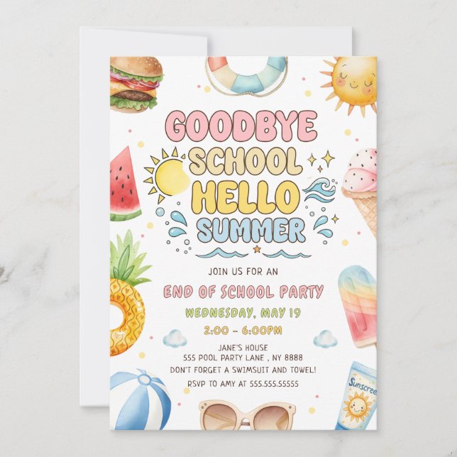 Goodbye School, Hello Summer, End of School Party Invitation (Front)