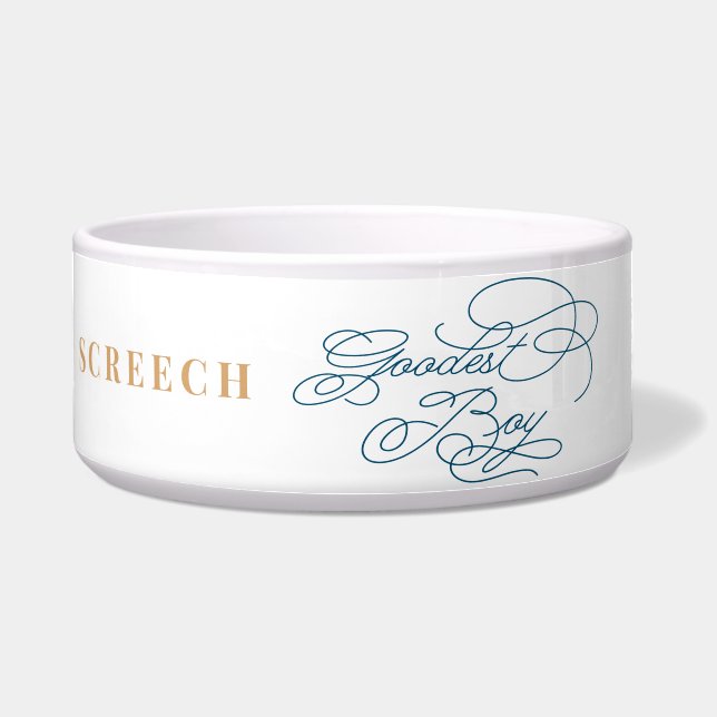 Goodest Boy Funny Classy Elegant White Blue Dog Bowl (Front)