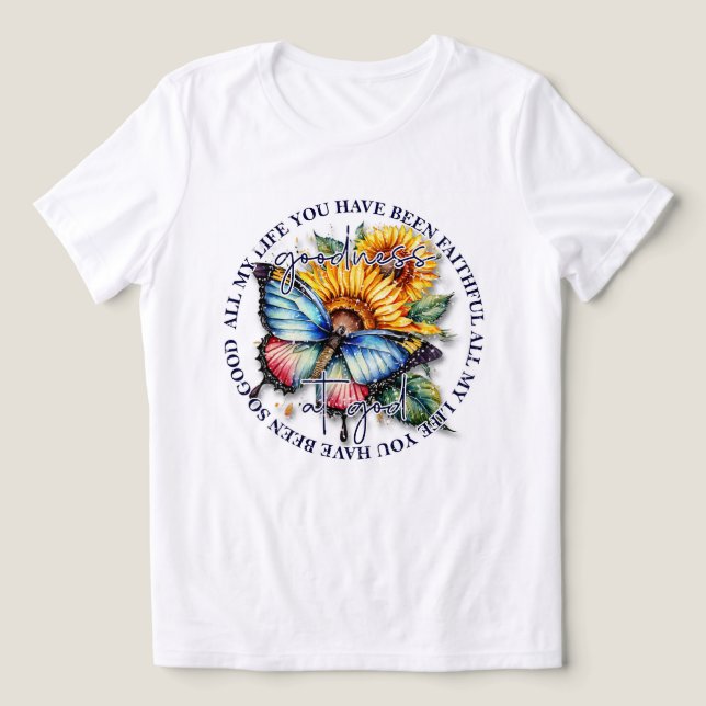 Goodness at God Quote with butterfly and sunflower Tri-Blend Shirt (Design Front)