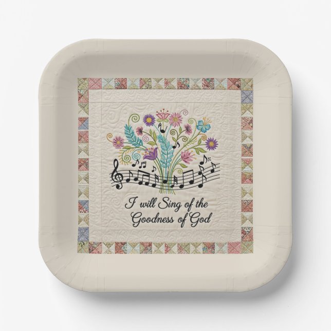 Goodness of God quilted look floral music Paper Plates (Front)